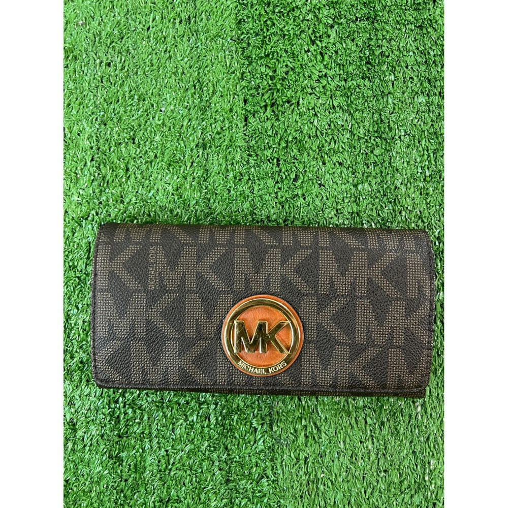 Michael Kors Fulton Flap Continental Wallet Brown Signature Logo Monogram Gold
